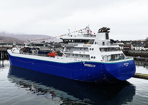 The wellboat 'Inter Alba' in the port of Ullapool, Scotland.