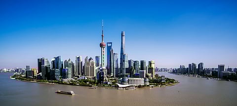Shanghai skyline panoramic view at dusk, China. 