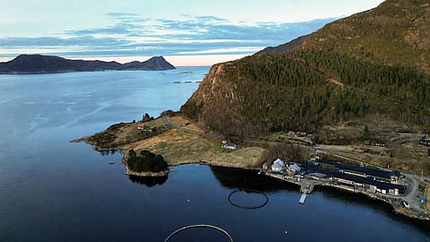 Aerial view of Sighaug land-based facility in Vanylven, Norway.
