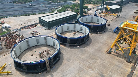 Aquatraz pens under construction at the shipyard. 