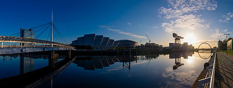 Panoramic view of the SEC (Scottish Event Campus) in Glasgow, Scotland, next to the River Clyde.