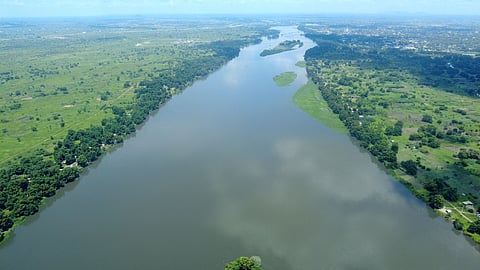 Aerial view of the White Nile River as it flows through Juba, capital of South Sudan.