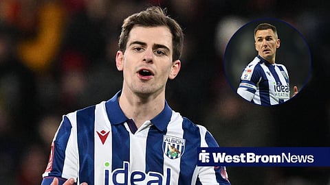 Jayson Molumby in action for West Brom with Jed Wallace in circular inset