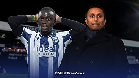 Bamba Dieng in a West Brom kit while standing next to Shilen Patel outside The Hawthorns.