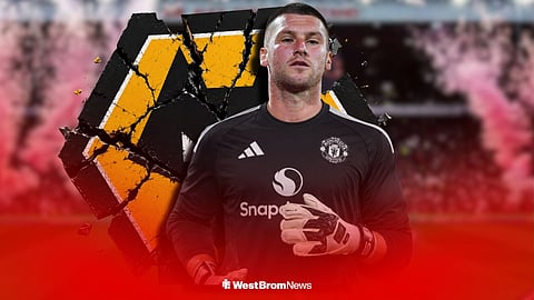 Sam Johnstone in a Manchester United shirt ahead of a Wolves badge