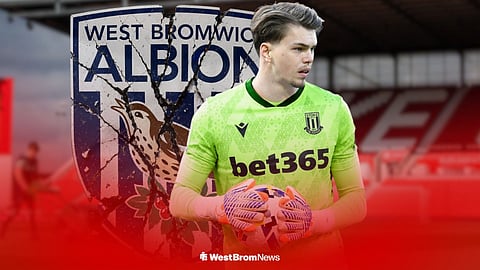 Josh Griffiths in a Stoke City shirt alongside a smashed up West Brom badge