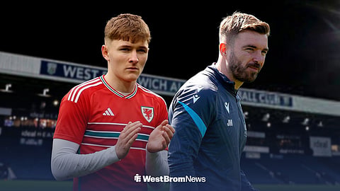 Ollie Bostock in a Wales kit at The Hawthorns, with James Morrison beside him