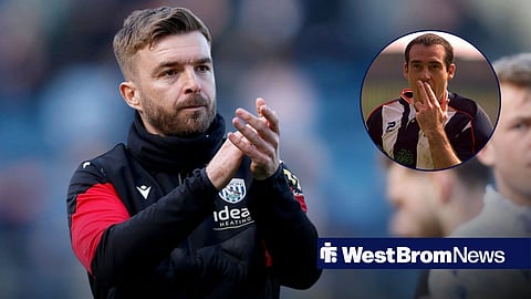 James Morrison clapping looking towards a circle inset of Bob Taylor celebrating for West Brom