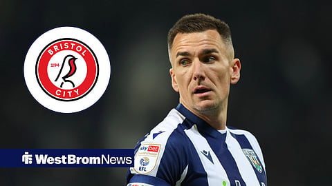 Jed Wallace in action for West Brom, Bristol City badge in inset.