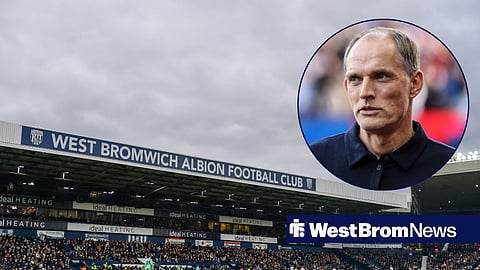 England manager Thomas Tuchel in circular inset next to a picture of The Hawthorns, home of West Bromwich Albion Football Club.