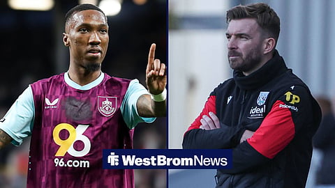 Jaiden Anthony in action for Burnley on the left with James Morrison on the touchline for West Brom on the right