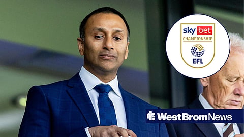 West Brom owner Shilen Patel and Championship badge in inset.
