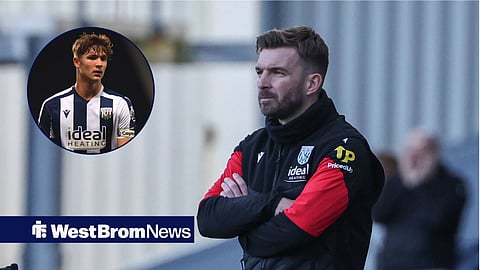 James Morrison in charge of West Brom, looking at a circular inset of Cole Deeming.