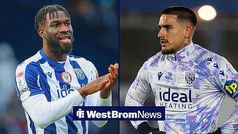 Split image Daryl Dike clapping while playing for West Brom and Danny Imray warming up for West Brom
