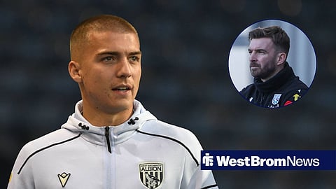 Alfie Gilchrist in a West Brom jacket, looking at a circular inset of James Morrison.