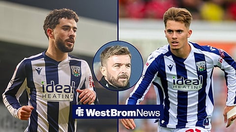A side-by-side image of Mikey Johnston and Isaac Price, and West Brom boss James Morrison in a circular inset