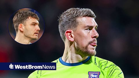 Main image of Alex Palmer playing for Ipswich Town and West Brom goalkeeper Max O'Leary's face in a circular inset on the left