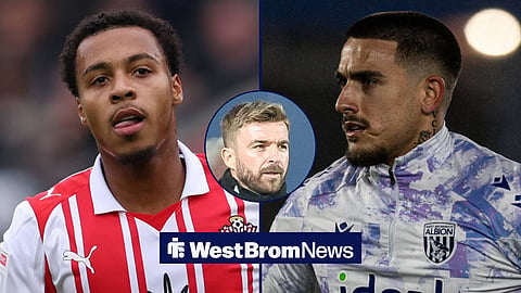 A side-by-side image of Cameron Archer and Danny Imray, and West Brom head coach James Morrison