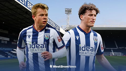 Aune Heggebo and Barney Stewart in action for West Brom, with The Hawthorns behind them