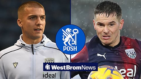 West Brom duo Alfie Gilchrist and Conor Townsend with Peterborough United's crest in circular inset
