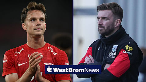 Felix Horn Myhre applauding supporters on the left with James Morrison on the touchline for West Brom