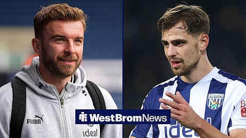 James Morrison smiling at West Brom on the left and Jayson Molumby in action for West Brom on the right