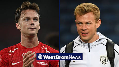 Felix Horn Myhre on the left in action for SK Brann with Aune Heggebo on the right for West Brom.