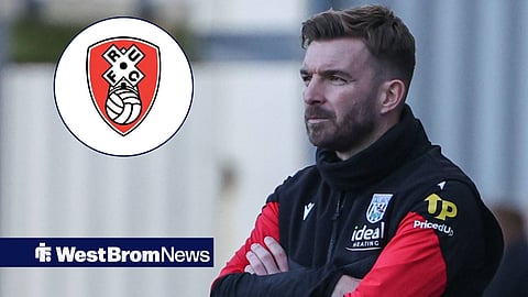 West Bromwich Albion head coach James Morrison and Rotherham United crest in a circular inset