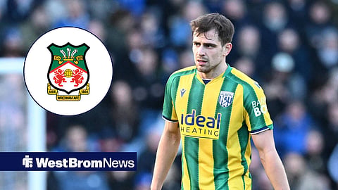 Jayson Molumby in action for West Brom, Wrexham badge in inset