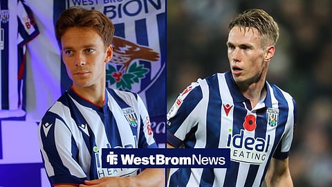 A 50:50 image showing new signing Felix Horn Myhre in the 2026-27 West Brom kit. To the right of him is Torbjorn Heggem playing for the Baggies during his time with the club.