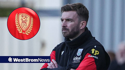 James Morrison looking on at West Brom and the Rotherham badge in a circular inset