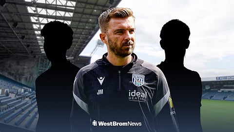 West Brom manager James Morrison flanked by player silhouettes with The Hawthorns background