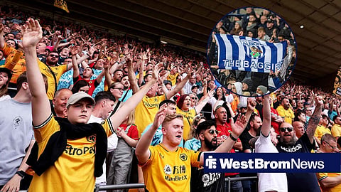 Wolverhampton Wanderers fans inside Molineux and West Bromwich Albion supporters holding a flag inside a circular inset