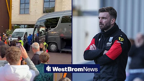 A 50:50 image showing the West Brom squad leaving their team coach at Molineux and on the right hand side, Baggies manager James Morrison.