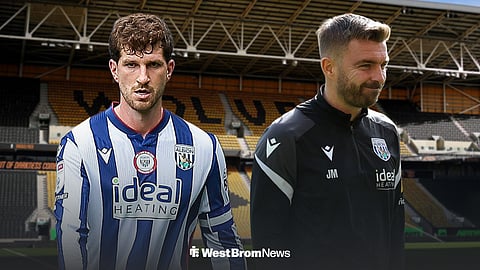 Chris Mepham in front of the Molineux Stadium and James Morrison in West Bromwich Albion gear