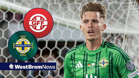 West Brom's Isaac Price in action for Northern Ireland with Georgia and Northern Ireland's crests in circular insets