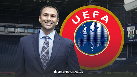 West Bromwich Albion chairman Shilen Patel with UEFA's logo and The Hawthorns background