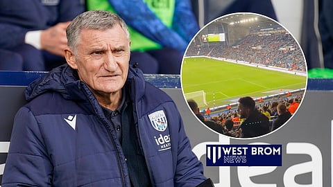 West Brom fans left The Hawthorns early in Tony Mowbray's first hame back. (Credit: Imago & @bogsalf on X)