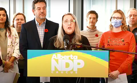 Alberta NDP MLAs Peggy Wright (Edmonton-Beverly-Clareview) and David Shepherd (Edmonton-City Centre) joined leaders and frontline professionals from the healthcare workforce to oppose Premier Danielle Smith's healthcare proposals. 