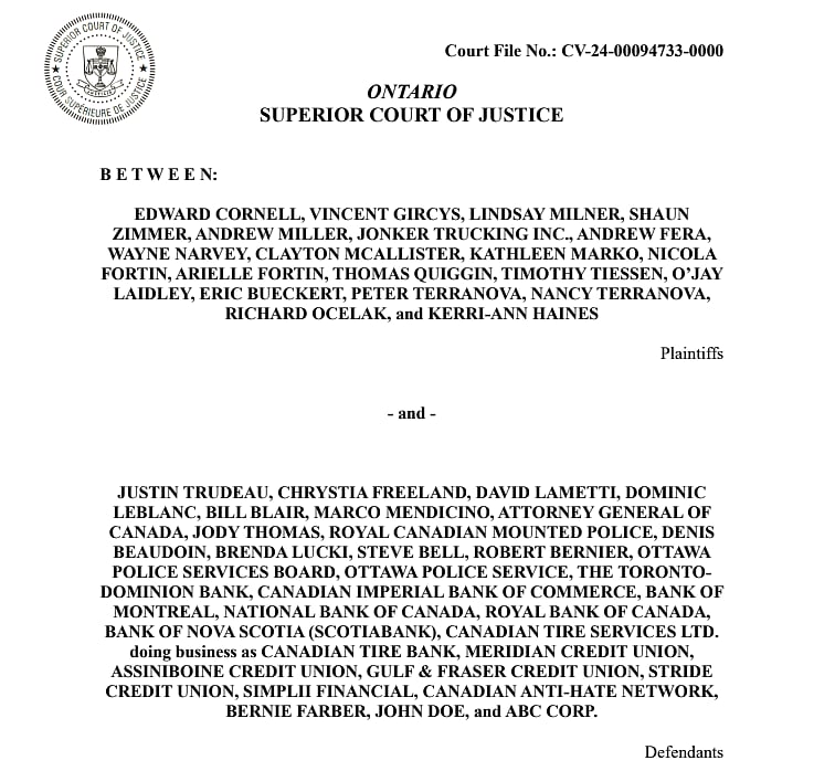 Lawsuit filed against Trudeau in Superior Court for seizing Canadian bank accounts