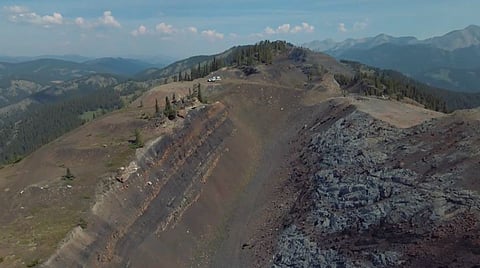 Bird's eye view of Grassy Mountain in the Crowsnest Pass. 