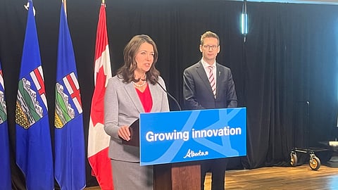 Alberta Premier Danielle Smith and Technology and Innovation Minister Nate Glubish introduced the province's new data strategy. 