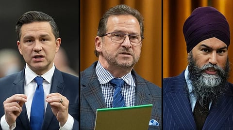 Opposition leader Pierre Poilievre, Bloc Québécois leader Yves-François Blanchet, NDP leader Jagmeet Singh
