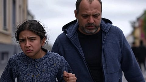 A rendering of a girl being escorted by an elder 