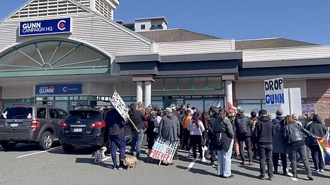 Protest outside Aaron Gunn's campaign HQ in Campbell River.