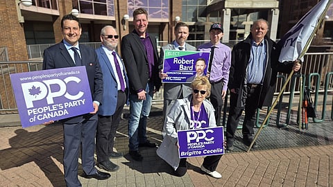People's Party of Canada candidates Jose Flores, Paul McCormack, Brent Kinzel, Robert Bard, Brigitte Cecelia, David Wojtowicz and John Ross