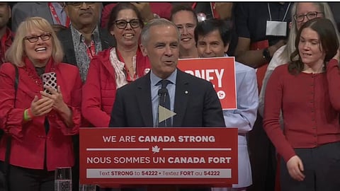 Prime Minister Mark Carney delivers remarks after his election victory is confirmed, Monday