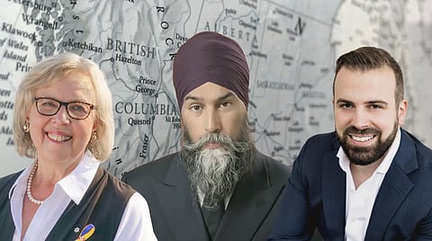 Elizabeth May, Jagmeet Singh, and Aaron Gunn