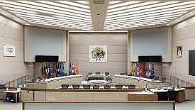 An empty Calgary city council chambers
