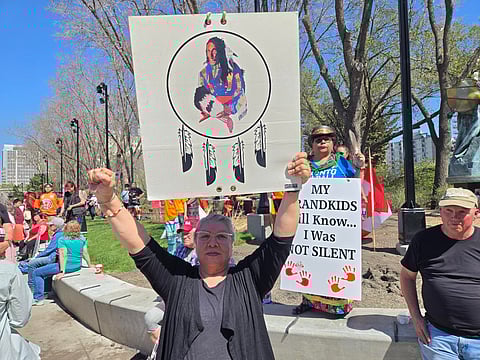 An indigenous counter-protester at an Alberta independence rally at the Alberta Legislature in May, 2025